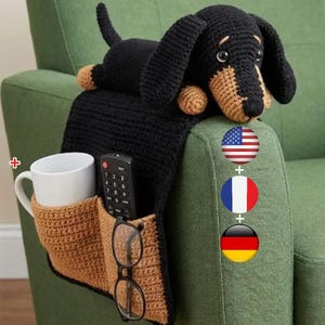 Crochet Dog Sofa Arm Organizer Pattern • Dachshund Couch Caddy • Remote & Cup Holder • Amigurumi Dog PDF