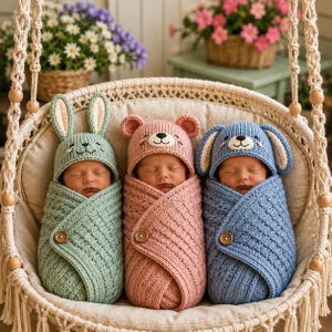May include: Three infants wrapped in knitted swaddles, each wearing a matching animal-themed hat. The left infant wears a green bunny hat, the center a pink bear hat, and the right a blue puppy hat. Each swaddle features a single wooden button.