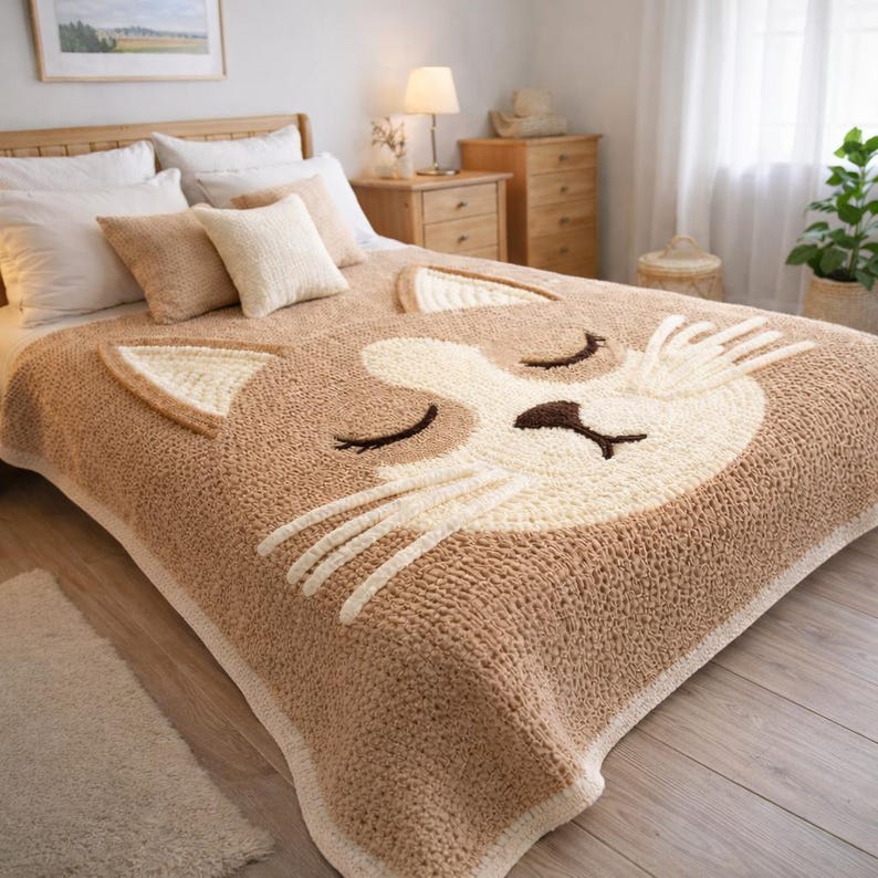 May include: A tan and cream-colored knitted throw blanket with a cat face design. The blanket features a large cat face with closed eyes, whiskers, and ears. The blanket is on a bed with pillows.