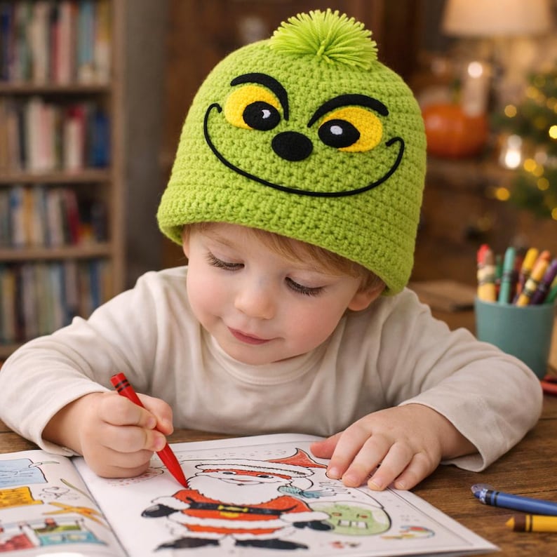 Peut inclure: Un enfant porte un bonnet vert crochet&eacute; avec un motif de visage du Grinch, comprenant des yeux jaunes et un sourire noir. L'enfant colorie une image du P&egrave;re No&euml;l avec un crayon rouge. Un pot &agrave; crayons avec des crayons est visible.
