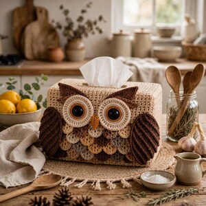 May include: A rectangular tissue box cover featuring a crocheted owl design with large black eyes, a yellow beak, and layered brown, tan, and cream feathers. The cover is crafted from textured yarn and holds a stack of white facial tissues.