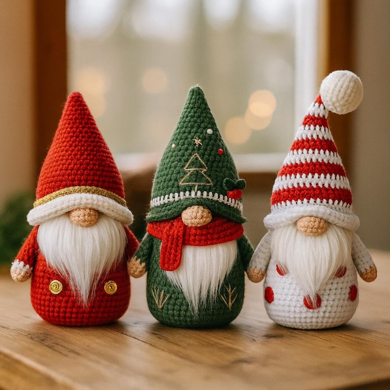 May include: Three handmade crochet gnomes with long white beards and pointed hats. The gnomes are in red, green, and white with festive details like a Christmas tree and red and white stripes. They are displayed on a wooden surface.