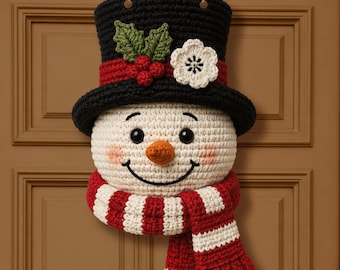 Patrón de muñeco de nieve de ganchillo para colgar en la pared, decoración navideña para la puerta, PDF de muñeco de nieve amigurumi, patrón de ganchillo para las fiestas de invierno, decoración hecha a mano