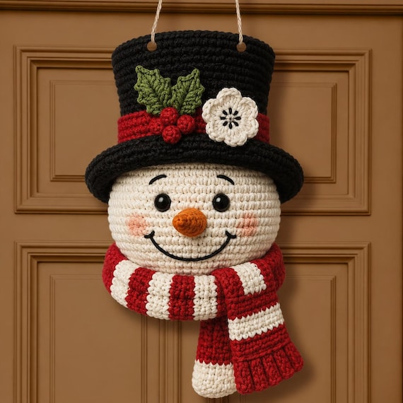 Crochet Snowman Wall Hanging Pattern, Christmas Door Decor, Amigurumi Snowman PDF, Winter Holiday Crochet Pattern, Handmade Decor