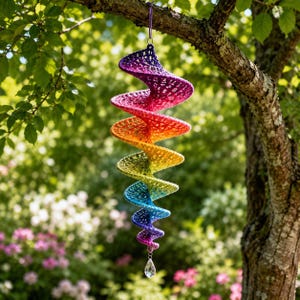 May include: A spiral-shaped crochet hanging ornament featuring a vibrant rainbow gradient of purple, pink, orange, yellow, green, and blue yarn. The structure is suspended by a thin cord and features a clear, faceted crystal drop at the bottom.