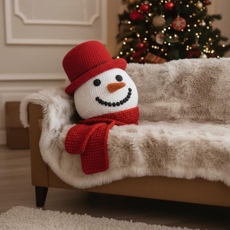 Op de afbeelding: Een gehaakt sneeuwpopkussen met een rode hoge hoed en sjaal. De sneeuwpop heeft een wortelneus, zwarte knoopogen en een gestikte glimlach. Het kussen ligt op een bank met een imitatiebont plaid, met een kerstboom op de achtergrond.
