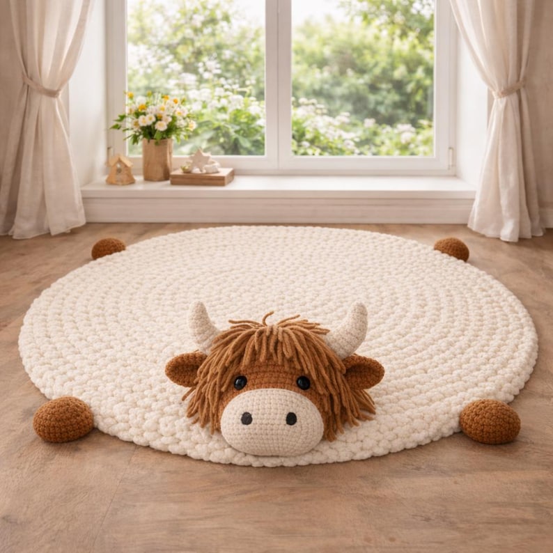May include: A round, off-white crochet rug with a Highland cow design. The cow has a brown face, horns, and shaggy hair. Four brown crochet circles are placed around the rug. The rug is on a light brown wooden floor.