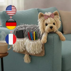Patrón de crochet para organizador de brazos de sofá para perros (PDF) / Organizador de sofá amigurumi con bolsillos para cachorros / Patrón de decoración para el hogar para principiantes