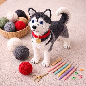 May include: A handmade crochet Husky dog with blue eyes, wearing a red collar with a gold tag. The dog is surrounded by yarn balls in various colors, crochet hooks, and a small pair of gold scissors. A basket of yarn is in the background.