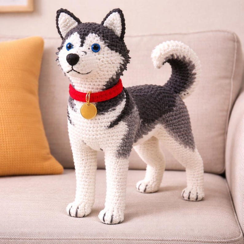 May include: A crocheted husky dog figurine with a red collar and a gold tag. The dog has blue eyes, black and white fur, and is standing on a beige couch. The dog's tail is curled up. The figurine is handmade.