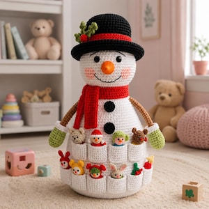 Virkad snögubbe adventskalender, handgjord julnedräkningsorganisatör, amigurumi-helgdekoration, vinterdörrdekoration present till barn