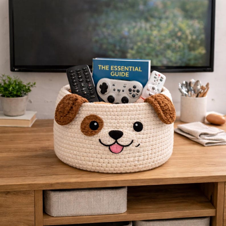 May include: A cream-colored, crocheted dog-shaped basket with brown ears and accents. The basket holds a book titled "The Essential Guide", a game controller, and two remote controls. The basket is sitting on a wooden surface.