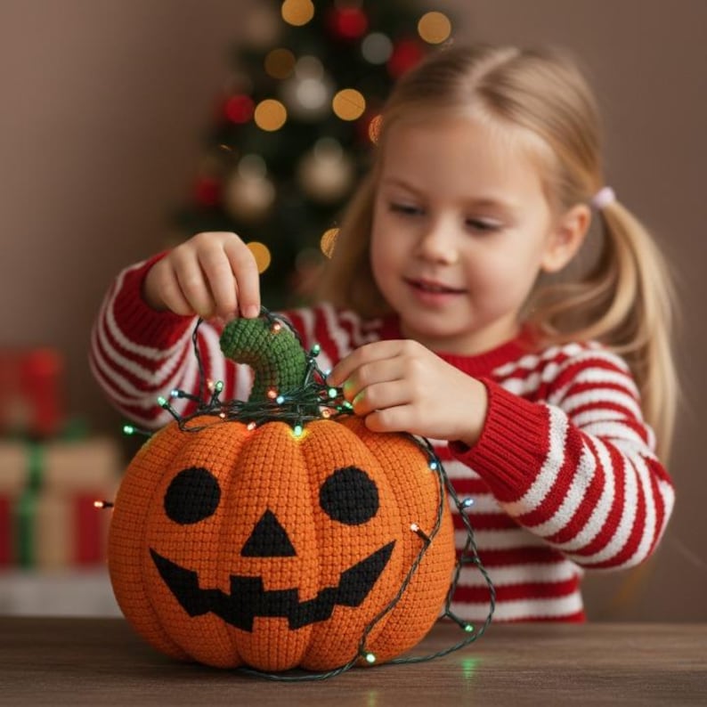 Op de afbeelding: Een oranje gehaakte pompoen met een uitgesneden jack-o'-lantern gezicht is versierd met een reeks kleurrijke lampjes. De pompoen heeft een groene stengel. Een kind houdt de lampjes vast. De achtergrond bevat een kerstboom.