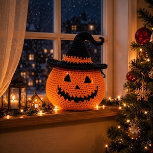 May include: A round, orange crocheted pumpkin with a black, pointed witch hat. The pumpkin features a stitched black triangular nose, two triangular eyes, and a jagged, wide, stitched black mouth. The surface is textured with yarn stitches.