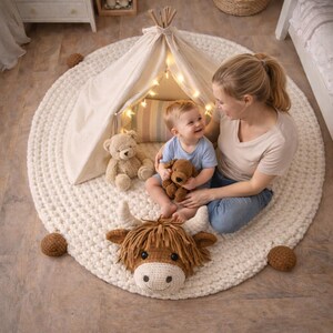 May include: A cream-colored, round, chunky knit rug with a crochet Highland cow head and small brown balls. A small teepee with fairy lights, a teddy bear, and a baby with a stuffed dog are on the rug.