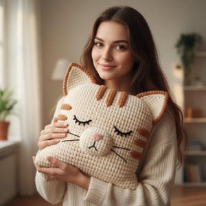 Puede incluir: Un cojín de crochet en forma de gato, de color crema, con rayas y detalles de orejas marrones. El cojín presenta ojos cerrados, una nariz rosa y bigotes negros. El cojín se sostiene frente a una persona.