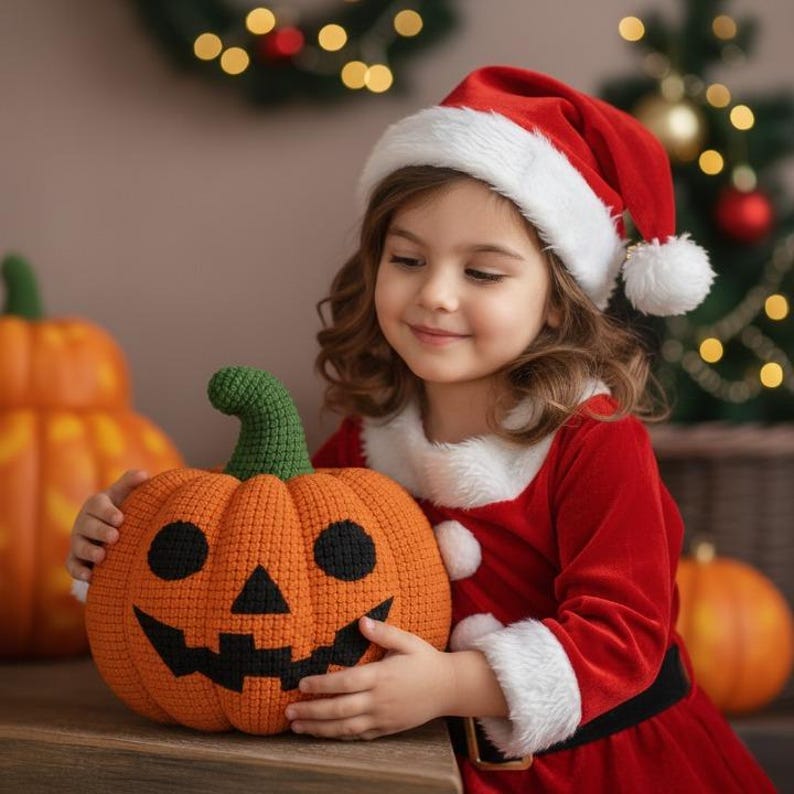 Op de afbeelding: Een jong persoon in een rood kerstmanpak en -muts houdt een oranje gehaakte pompoen vast met een groene steel en zwarte gezichtskenmerken. Een tweede pompoen is zichtbaar op de achtergrond. Kerstversiering op de achtergrond.