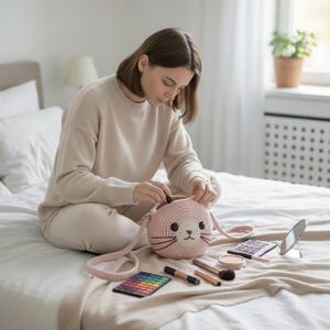Puede incluir: Un bolso bandolera de ganchillo rosa claro con un dise&ntilde;o de cara de foca, con ojos negros y bigotes. Art&iacute;culos de maquillaje, incluyendo paletas de sombras de ojos, brochas y un espejo compacto, est&aacute;n colocados sobre una cama.