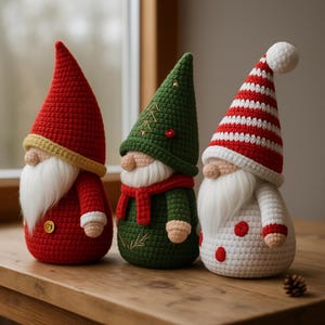 May include: Three crocheted Christmas gnomes in red, green, and white. The gnomes have long, pointed hats, white beards, and are decorated with festive details. They are arranged on a wooden surface, creating a charming holiday display.
