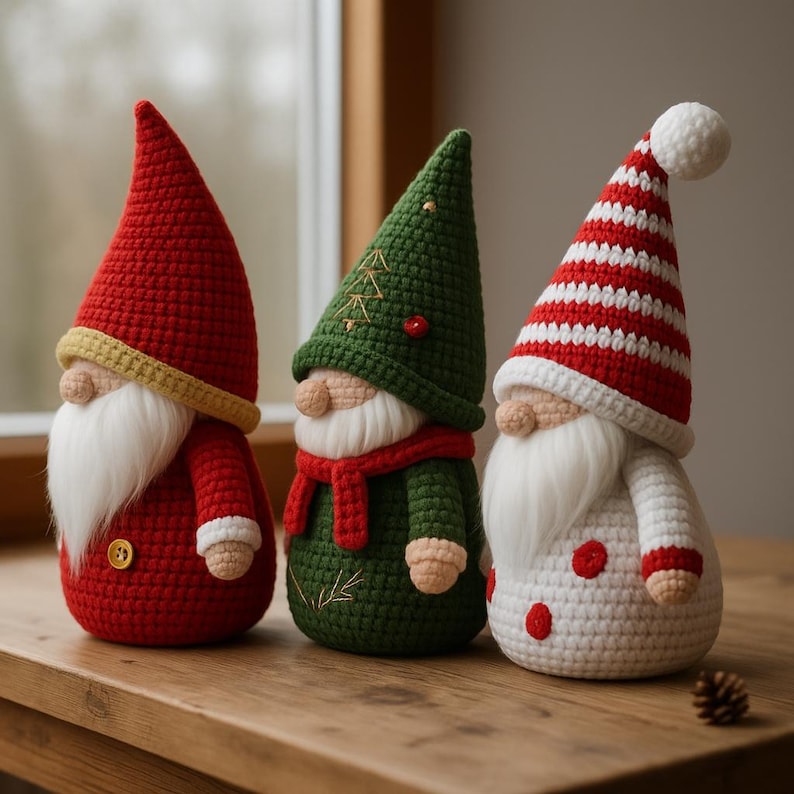 May include: Three crocheted Christmas gnomes in red, green, and white. The gnomes have long, pointed hats, white beards, and are decorated with festive details. They are arranged on a wooden surface, creating a charming holiday display.
