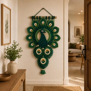 May include: A macrame wall hanging shaped like a peacock, crafted from dark green, light green, and cream-colored cord. The design features a central bird figure surrounded by circular tail feathers with wooden beads and a wooden dowel hanger.