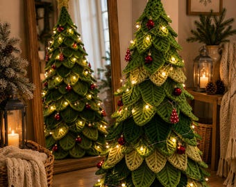 May include: A conical Christmas tree made of layered, crocheted green leaves in varying shades. The tree is topped with a gold crocheted star, decorated with small red ornaments, and wrapped in a string of warm white fairy lights.