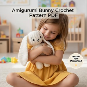 May include: A child in a yellow dress cuddles a white crocheted bunny. The bunny features long ears and a gentle face. Text at the top reads "Amigurumi Bunny Crochet Pattern PDF" and a button says "Instant PDF Download".