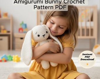 Crochet Bunny Pattern PDF – Long Ears Amigurumi Rabbit – Plush Bunny Toy Tutorial – Soft Velvet Yarn Bunny Pattern