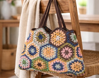 Colorful Granny Square Crochet Tote Bag Pattern PDF | Boho Crochet Bag | Vintage Flower Tote | Easy DIY Crochet Pattern