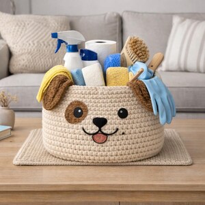 May include: A beige crocheted dog-shaped basket filled with cleaning supplies. The basket has brown and yellow ears, a brown spot, and a smiling face. Cleaning supplies include spray bottles, sponges, a brush, and gloves.