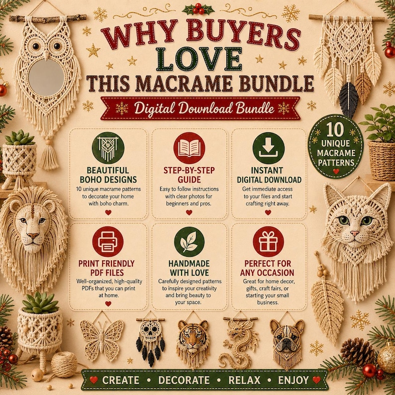 Puede incluir: Un anuncio de paquete de descarga digital con patrones de macram&eacute;. El texto dice WHY BUYERS LOVE THIS MACRAME BUNDLE, 10 UNIQUE MACRAME PATTERNS, e incluye iconos de gu&iacute;as y descargas. Muestra im&aacute;genes de tapices de macram&eacute; de b&uacute;ho, gato y le&oacute;n.