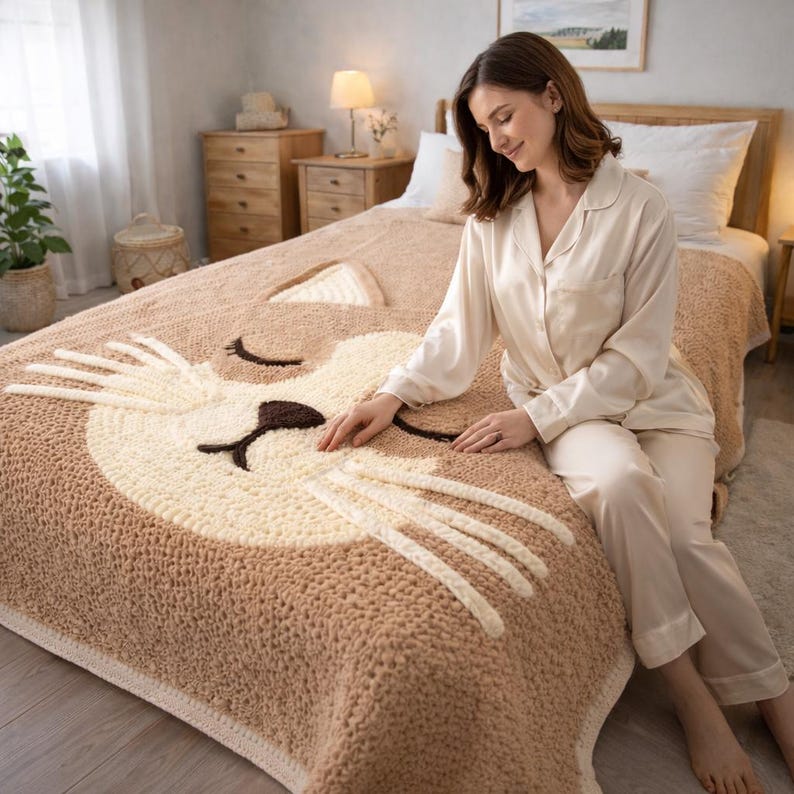 May include: A cozy, brown and cream-colored knitted blanket featuring a large, smiling cat face design. The blanket has a soft, textured appearance and a white border. The cat's face includes cream-colored fur, brown eyes, and a dark brown nose.