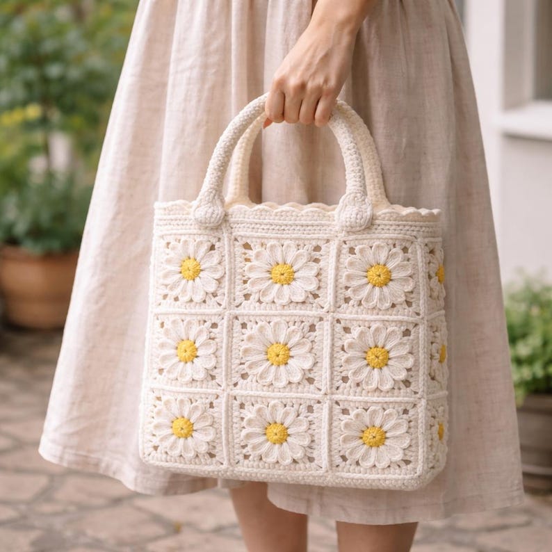 Op de afbeelding: Een cr&egrave;mekleurige gehaakte tote bag met een madeliefjespatroon. De tas heeft een vierkante vorm met een geschulpte bovenrand en twee afgeronde handvatten. De madeliefjes hebben gele centra en witte bloemblaadjes.