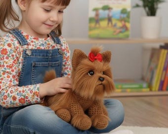 May include: A crocheted brown Yorkshire Terrier dog with a red bow. The dog has long, shaggy fur and is sitting. The dog is a handmade item. The dog is a plush toy.