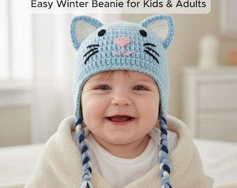 Cat Hat Crochet Pattern PDF – Cute Kitten Baby Hat – Animal Earflap Beanie – Easy Beginner Crochet Tutorial