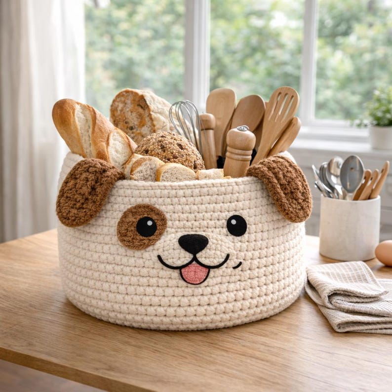 May include: A cream-colored, crocheted dog-shaped basket filled with loaves of bread and wooden kitchen utensils. The basket has brown ears and a smiling face. A variety of kitchen tools and bread are visible.