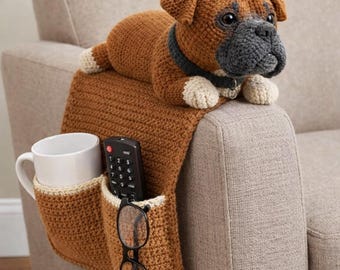 Patrón de organizador de brazo de sofá de perro salchicha a crochet, organizador de sofá para perro (PDF), amigurumi de perro salchicha, control remoto y portavasos