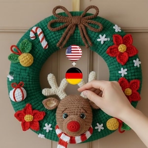 Reindeer Christmas Wreath Crochet Pattern PDF – Holiday Wreath Digital Pattern, Amigurumi Reindeer, Poinsettia & Snowflakes