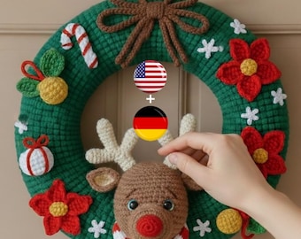 クリスマス☆リース☆トナカイ(スティック) かぎ針編みのクリスマスリースパターン：トナカイとオーナメント（PDF