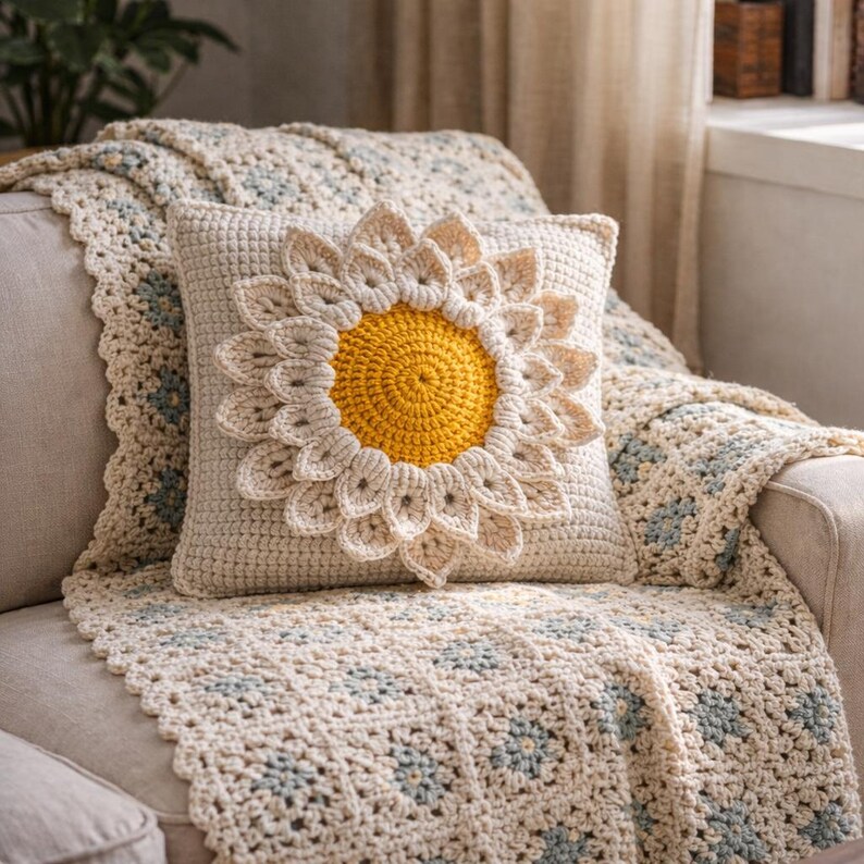 Puede incluir: Un coj&iacute;n de crochet color crema con un gran dise&ntilde;o de girasol en el centro. El girasol tiene un centro amarillo y p&eacute;talos color crema. El coj&iacute;n est&aacute; sobre una manta de crochet color crema con detalles azules.