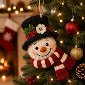 May include: A crocheted snowman ornament featuring a black top hat adorned with a white flower, green holly leaves, and red berries. The snowman has a round cream-colored face, a small orange carrot nose, and a red and white striped scarf.