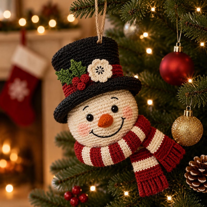 May include: A crocheted snowman ornament featuring a black top hat adorned with a white flower, green holly leaves, and red berries. The snowman has a round cream-colored face, a small orange carrot nose, and a red and white striped scarf.