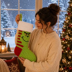 May include: A handmade crochet Christmas stocking featuring a bright green body with red horizontal stripes on the upper section, a white fuzzy cuff, and a stitched graphic of a green character with yellow eyes and a wide, mischievous grin.