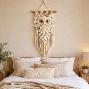 May include: A cream-colored macrame wall hanging shaped like an owl, featuring intricate knotted patterns, layered feather-like details, and two round orange eyes. The piece is suspended from a horizontal wooden dowel with a braided cord hanger.