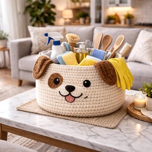 May include: A cream-colored, crocheted basket shaped like a dog's face, filled with cleaning supplies. The basket has brown ears and a brown spot. Inside are sponges, brushes, spray bottles, and yellow rubber gloves. The basket sits on a beige mat.