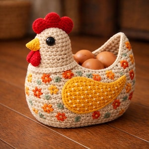 Peut inclure: Un panier à œufs en forme de poule, fait au crochet. Le panier est beige avec des motifs floraux orange, jaune et vert. Il a une crête et un fanon rouges, un bec jaune et un œil noir. Il contient des œufs bruns.