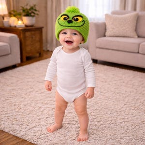 Peut inclure: Un b&eacute;b&eacute; portant un bonnet vert tricot&eacute; avec un motif de visage du Grinch, avec des yeux jaunes et un nez noir. Le b&eacute;b&eacute; porte &eacute;galement un body blanc &agrave; manches longues. Le b&eacute;b&eacute; se tient sur un tapis de couleur claire.