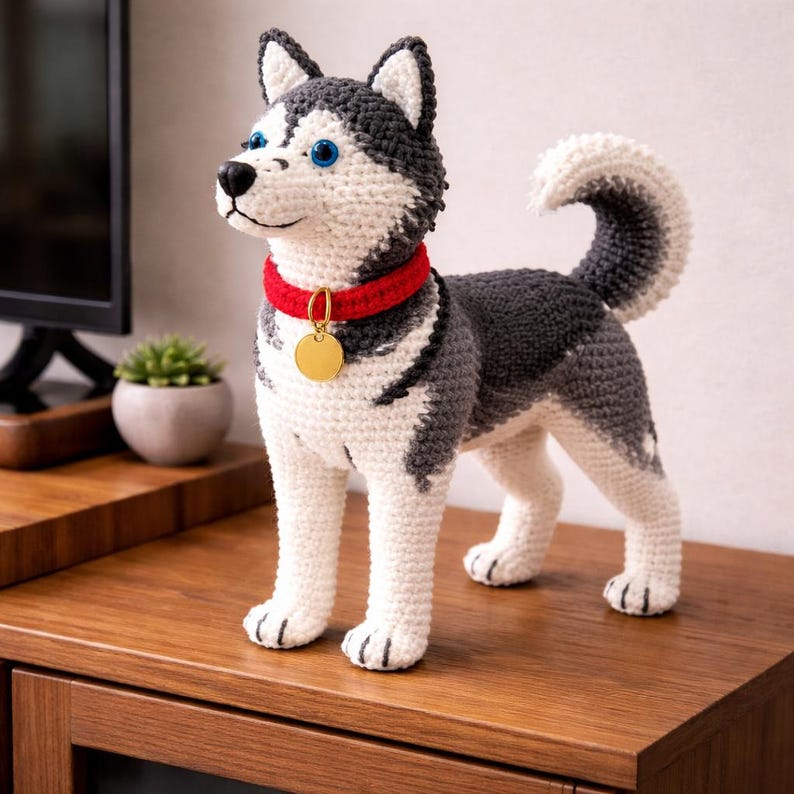 May include: A crocheted husky dog figurine in white, gray, and black, with blue eyes and a red collar. The dog has a fluffy tail and a gold-colored tag. The handmade dog is standing on a wooden surface.