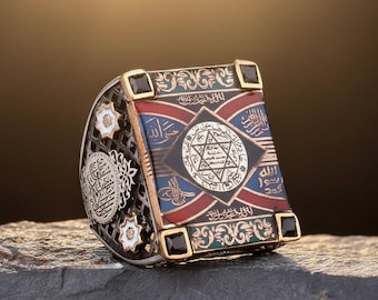 Sterling Silver Seal of Solomon Ring, Seal of Solomon with Amber Stone, Seal of Solomon Ring, Star of David Ring, Silver Ring for Men