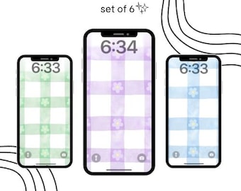 Tapeta na telefon w pastelową kratę i kwiaty | Ekran blokady (do pobrania cyfrowego)